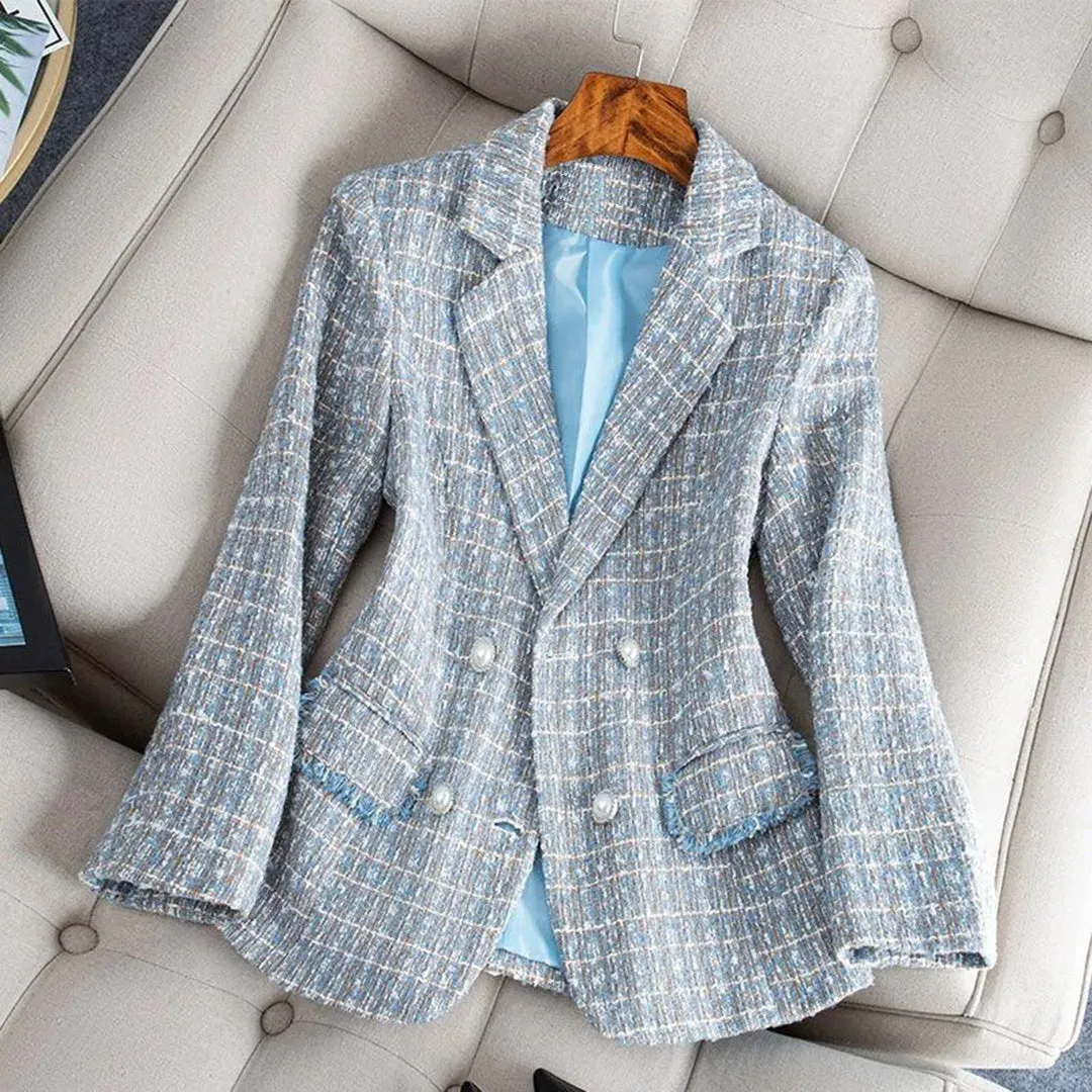 Women's Trendy Double-Button Checked Blazer with Pockets | Perfect for Casual Days